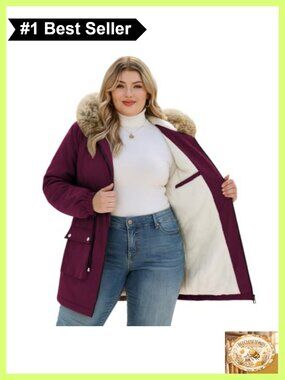 Plus Size Winter Parka Fleece Sherpa Lined Fur Hood Coat